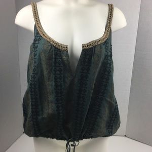 Free People Green Embroidered Linen Cinched Tank